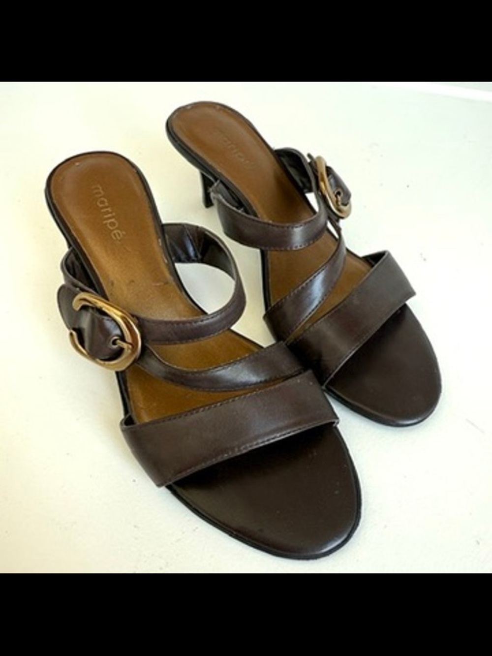 Maripe Dark Brown Leather Heeled Slide Sandals with Gold Buckle